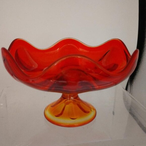 Viking 6 Petal Compote, 60s MCM Epic Line Amberina Pedestal Bowl, Orange Art - Picture 1 of 8